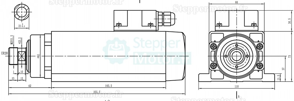 2,2 kW 220V/380V Kit moteur de broche refroidi par air et variateur de fr&eacute;quence (VFD) GDZ80X73-2.2 + H100, pince ER20, 24&nbsp;000 tr/min, 400 Hz
